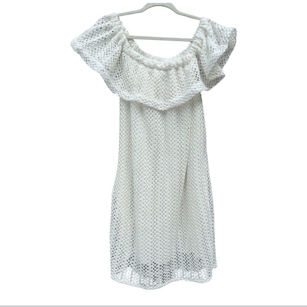 Line And Dot White Large Boho Chic Crochet  Lace Dress Midi‎ Coastal Rush Dress
